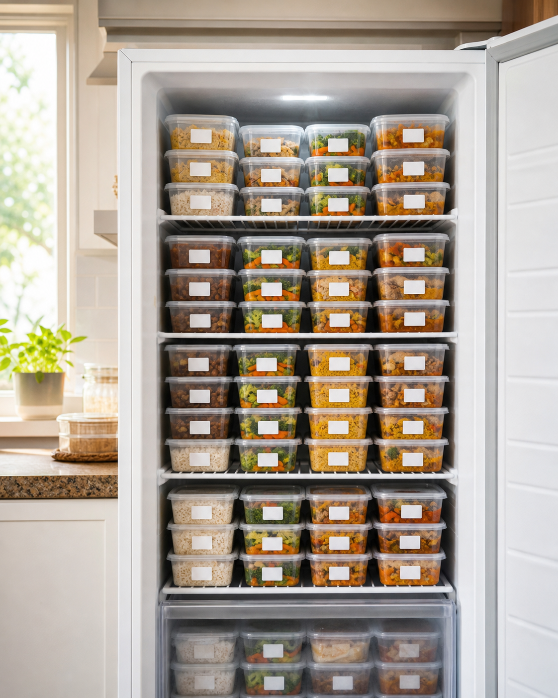 Freezer doméstico organizado com marmitas congeladas